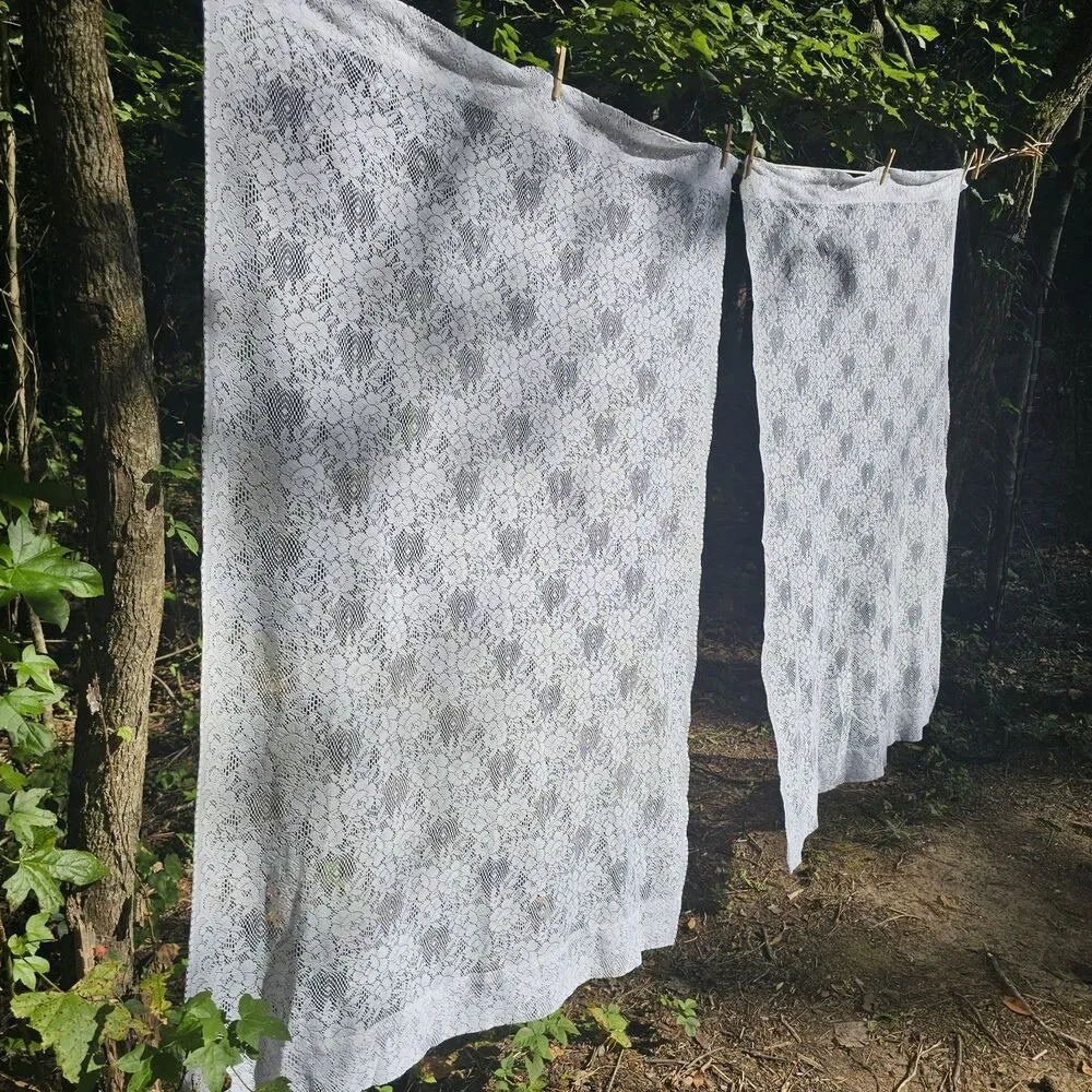Pair Of Romantic White Floral Lace Curtain Panels - Cottagecore, Country 40x60